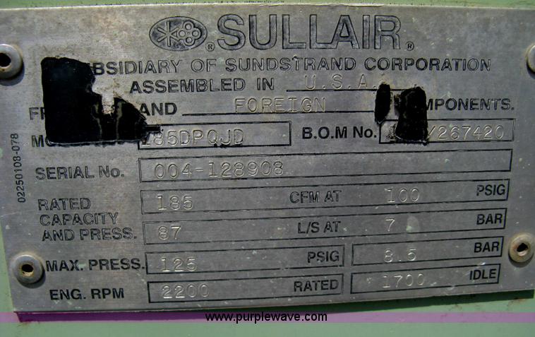 image for item AS9197 1999 Sullair 185DPQJD mobile compressor