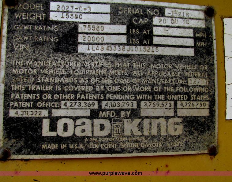 image for item F7393 1988 Load King 2027-0-3 belly dump trailer