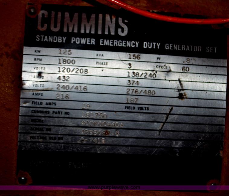 image for item G6499 Cummins 125 kW generator