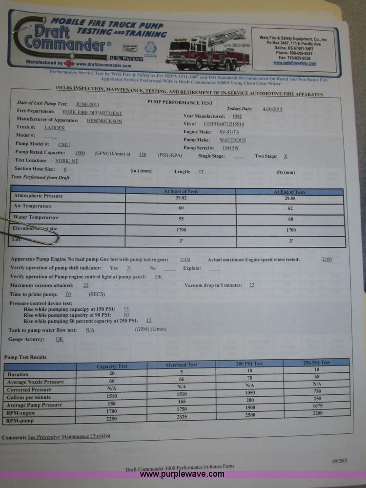 image for item F7365 1982 Hendrickson 1871-WS pumper/ladder fire truck