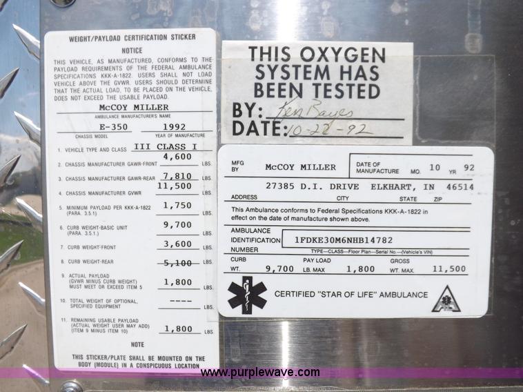 image for item H1871 1992 Ford Econoline E350 ambulance