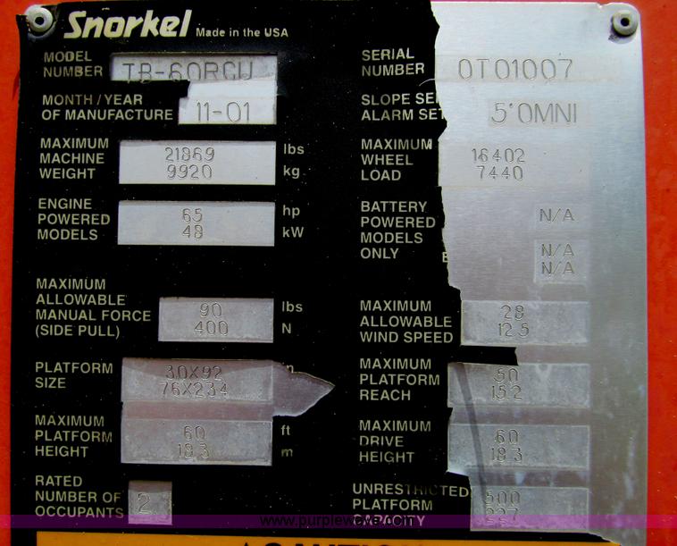 image for item H8972 2001 Snorkel TB60RW boom lift