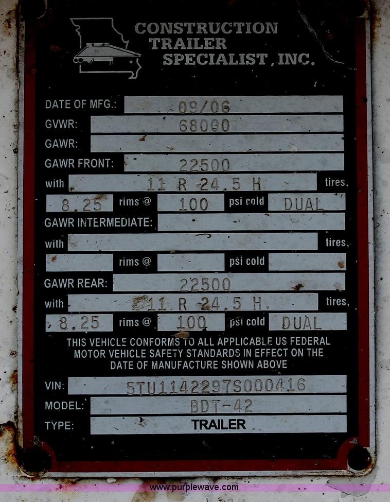 image for item H5641 2007 Construction Trailer Specialist, Inc. BDT-42 triple axle belly dump trailer