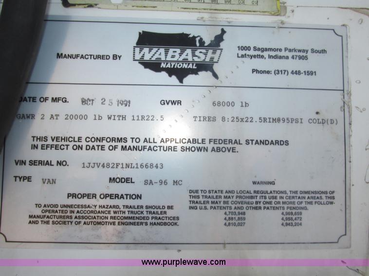 image for item F7465 1992 Wabash SA-96MC dry van trailer