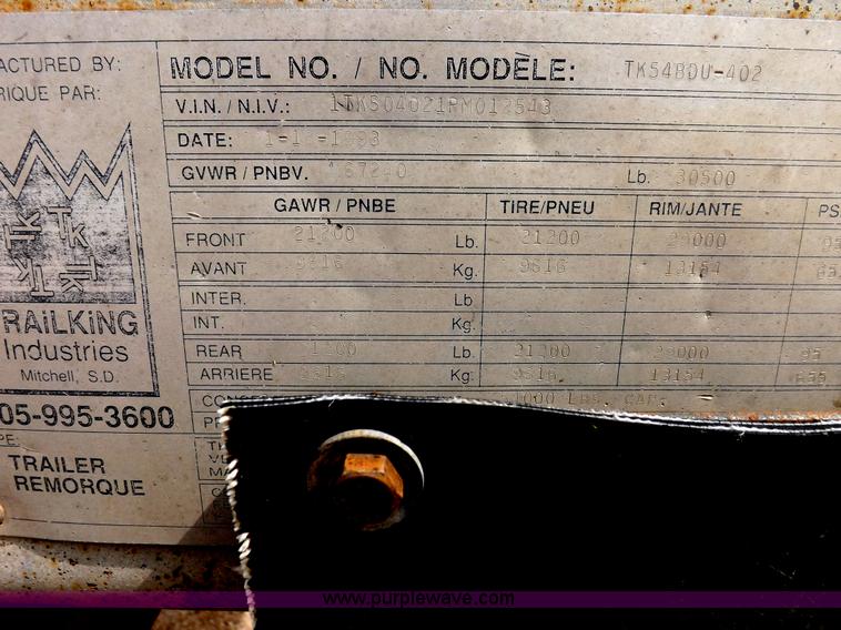 image for item H9248 1993 Trail King TKS4BD0-402 belly dump trailer