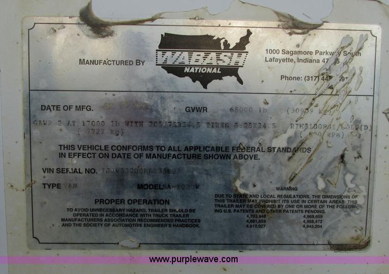 image for item I3483 1994 Wabash SA-102CW dry van trailer