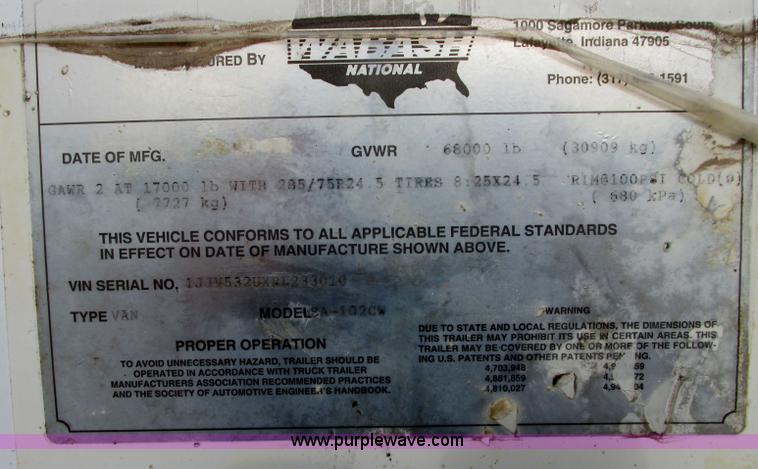 image for item I3484 1994 Wabash SA-102CW dray van trailer