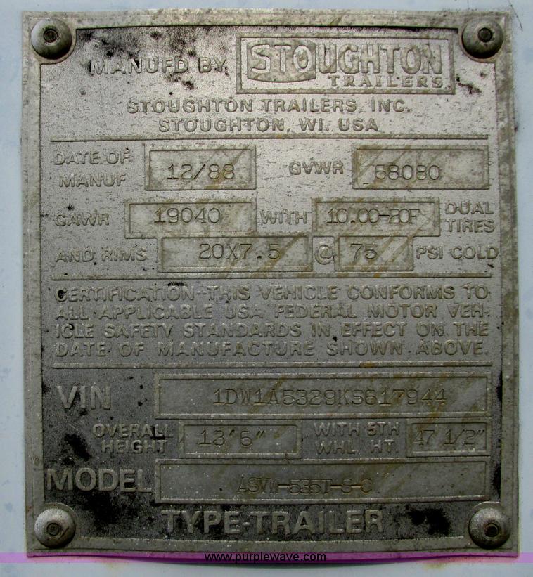 image for item I3485 1989 Stoughton ASVW-535T-S-C dry van trailer