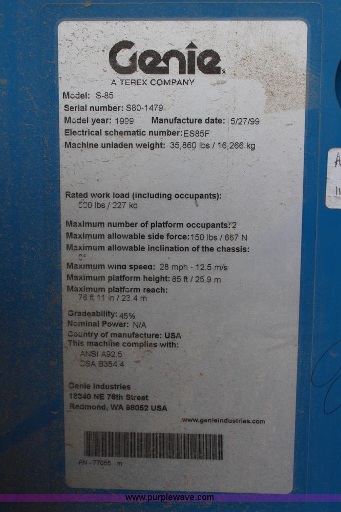 image for item J1081 1999 Genie S85 boom lift