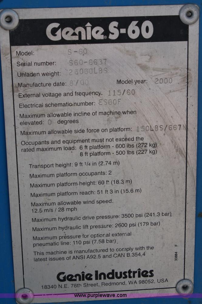 image for item J1082 2000 Genie S60 boom lift