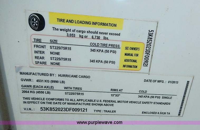 image for item I3534 2013 Hurricane enclosed cargo trailer