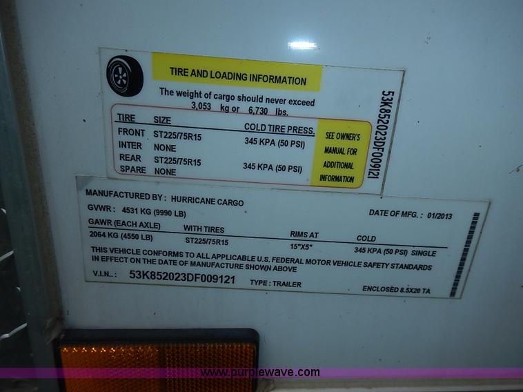 image for item I3534 2013 Hurricane enclosed cargo trailer