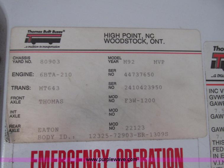 image for item F7489 1992 Thomas Built Saf-T-Liner MVP school bus