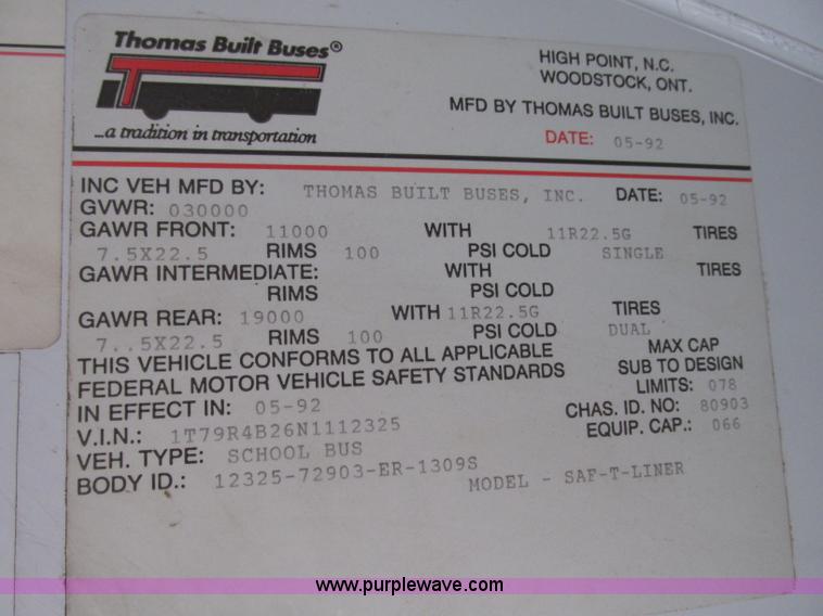 image for item F7489 1992 Thomas Built Saf-T-Liner MVP school bus