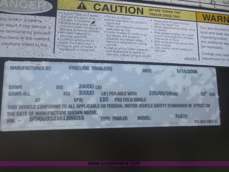 image for item I2231 2006 Fine Line FL831 gooseneck trailer