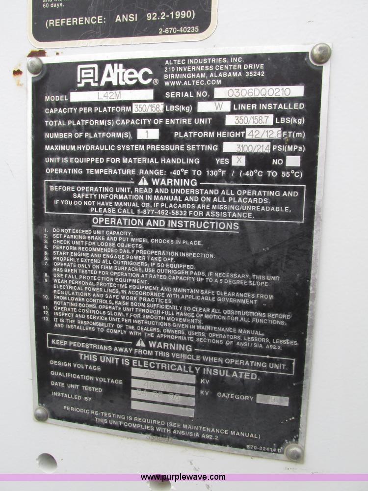 image for item G9935 2006 ALTEC L42M Boom lift on Reading Truck Body