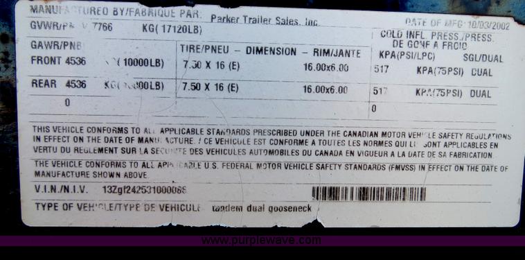 image for item B4863 2003 Performance 24' gooseneck flatbed trailer