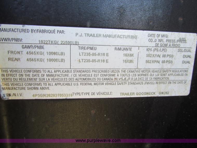 image for item H5600 2003 PJ gooseneck trailer