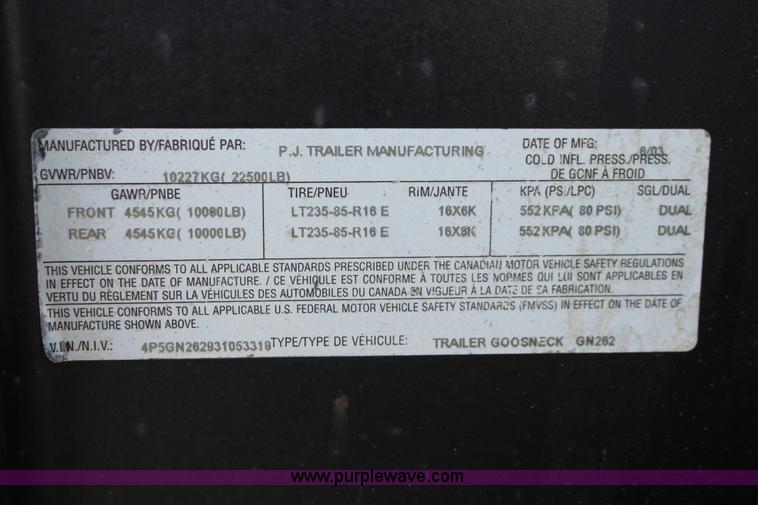 image for item H5600 2003 PJ gooseneck trailer