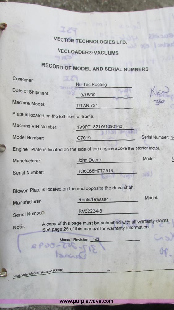 image for item G9092 1999 Vector 07019 vacuum trailer