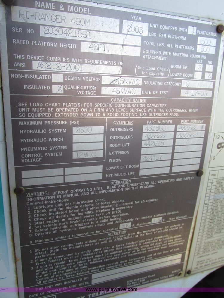 image for item G9890 2003 Terex Telelect Hi Ranger 460M truck boom