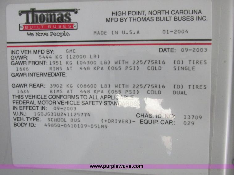 image for item J2354 2004 GMC Savana Thomas Built bus