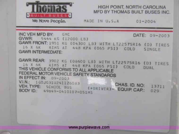 image for item J2357 2004 GMC Savana Thomas Built bus