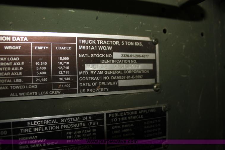 image for item F3420 1985 Am General M931 semi truck