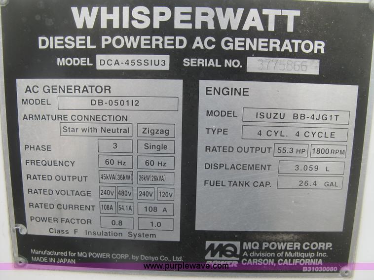 image for item K2965 2006 MQ Whisperwatt 45 generator