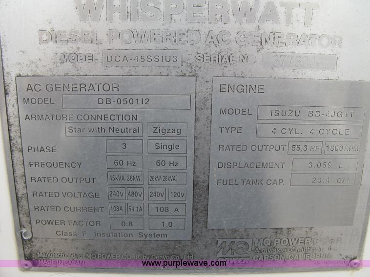 image for item K2966 2006 MQ Whisperwatt 45 generator