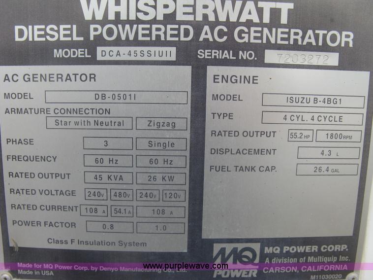 image for item K2967 2003 MQ Whisperwatt 45 generator