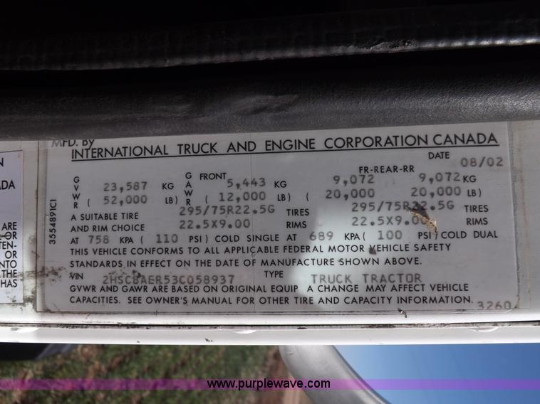 image for item K3769 2003 International 9100i semi truck