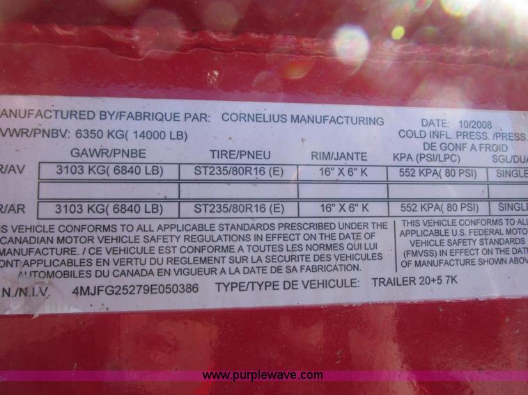 image for item I3767 2009 Cornelius Manufacturing Corn Pro gooseneck equipment trailer