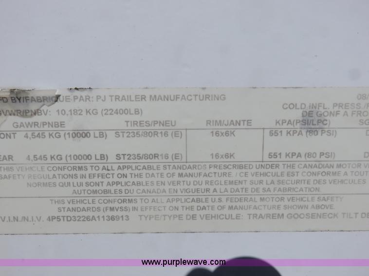 image for item K7098 2010 PJ gooseneck tilt deck trailer