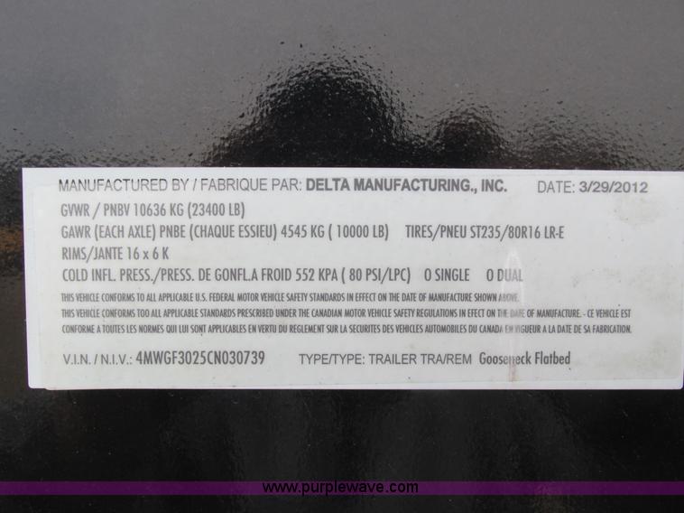 image for item I4010 2012 Delta gooseneck equipment trailer