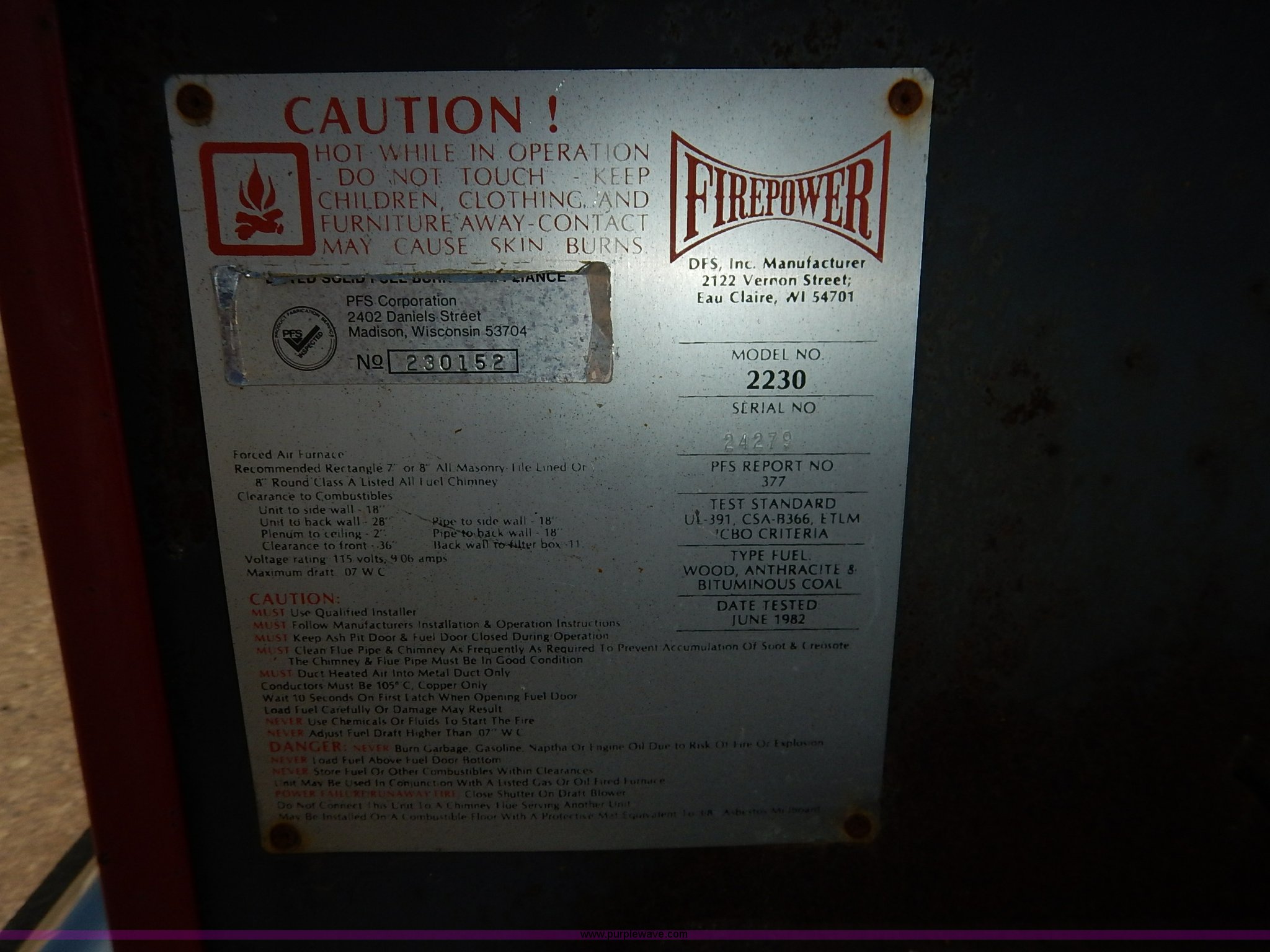 Firepower 2230 wood burning central heat furnace in Osawatomie, KS | Item  BJ9676 sold | Purple Wave
