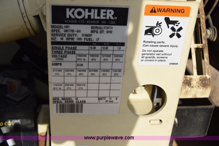 image for item BQ9717 2002 Kohler 10RY Power System 10 back up generator