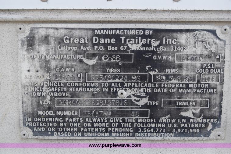 image for item E6477 1986 Great Dane 7311TJW48 dry van trailer