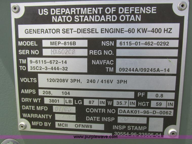 image for item K2134 2003 MCII OFNW8 MEP-816B generator