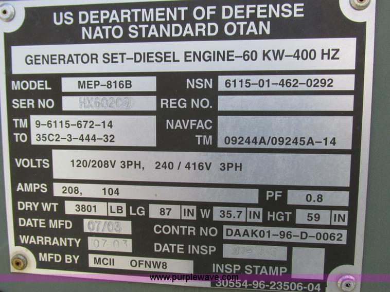 image for item K2135 2003 MCII OFNW8 MEP-816B generator