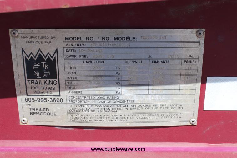 image for item K6777 1992 Trail King TK80HDG443 equipment trailer