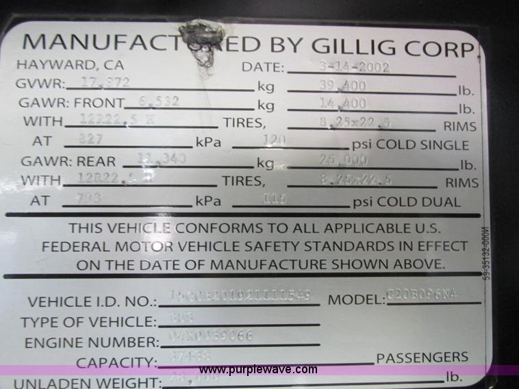 image for item K8596 2002 Gillig C20B096N4 city transit bus