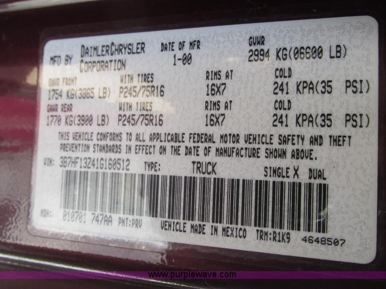 image for item B2972 2001 Dodge Ram 1500 Laramie SLT Quad Cab pickup truck