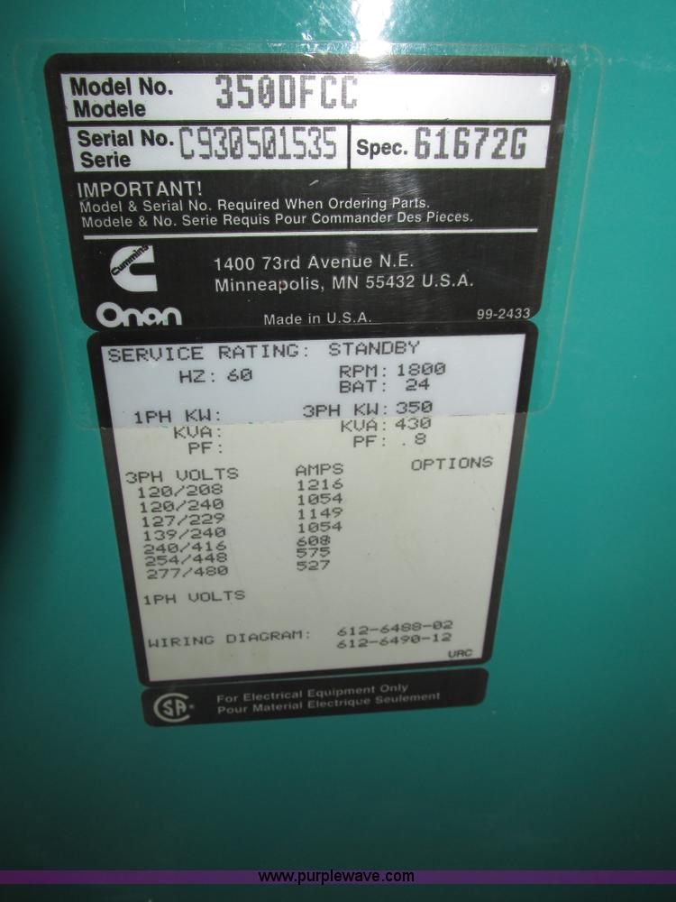 image for item H4602 1993 Onan 350DFCC generator