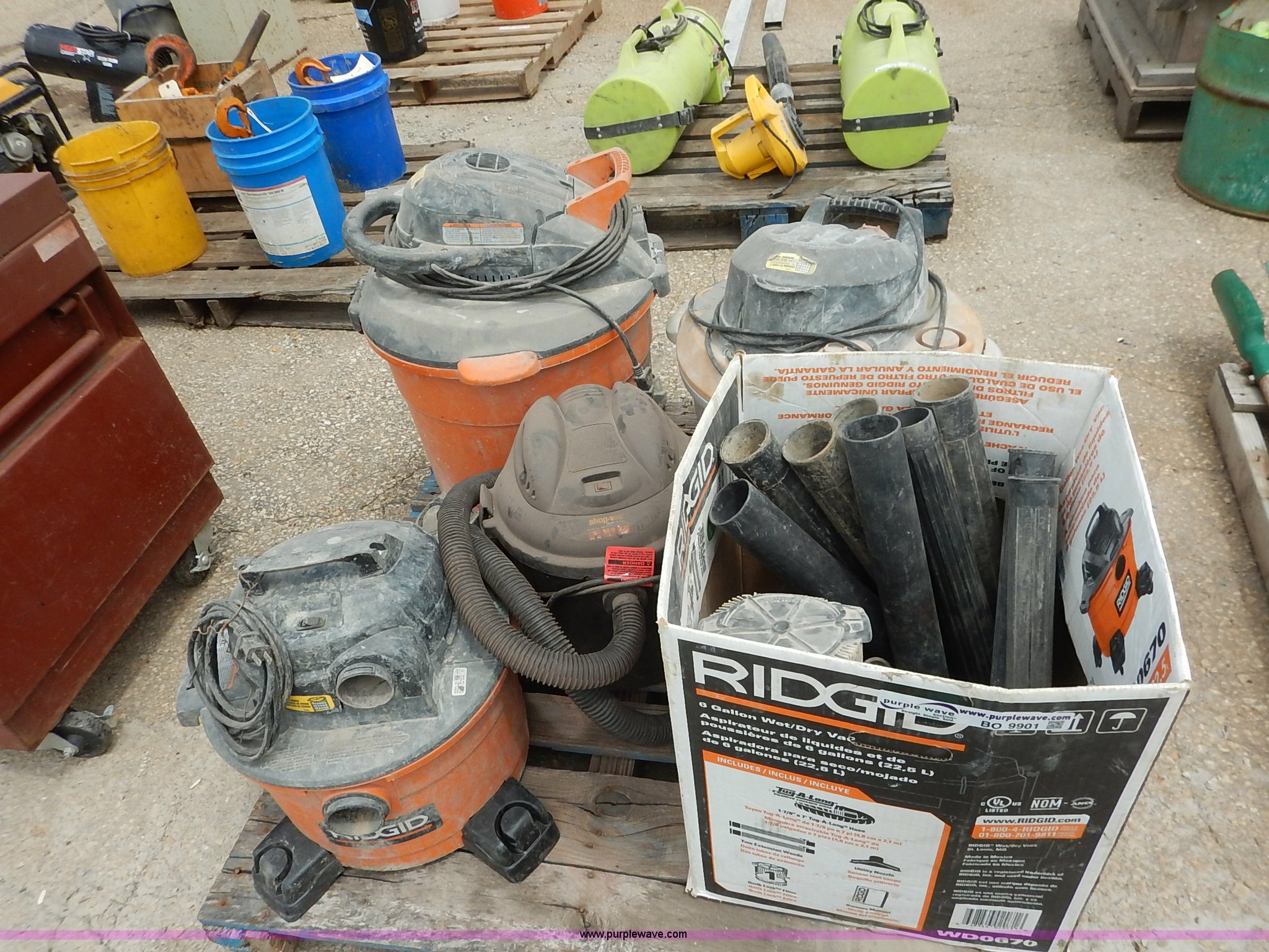 Assorted Ridgid shop vacuums and parts in Topeka, KS Item BO9901 sold Purple Wave