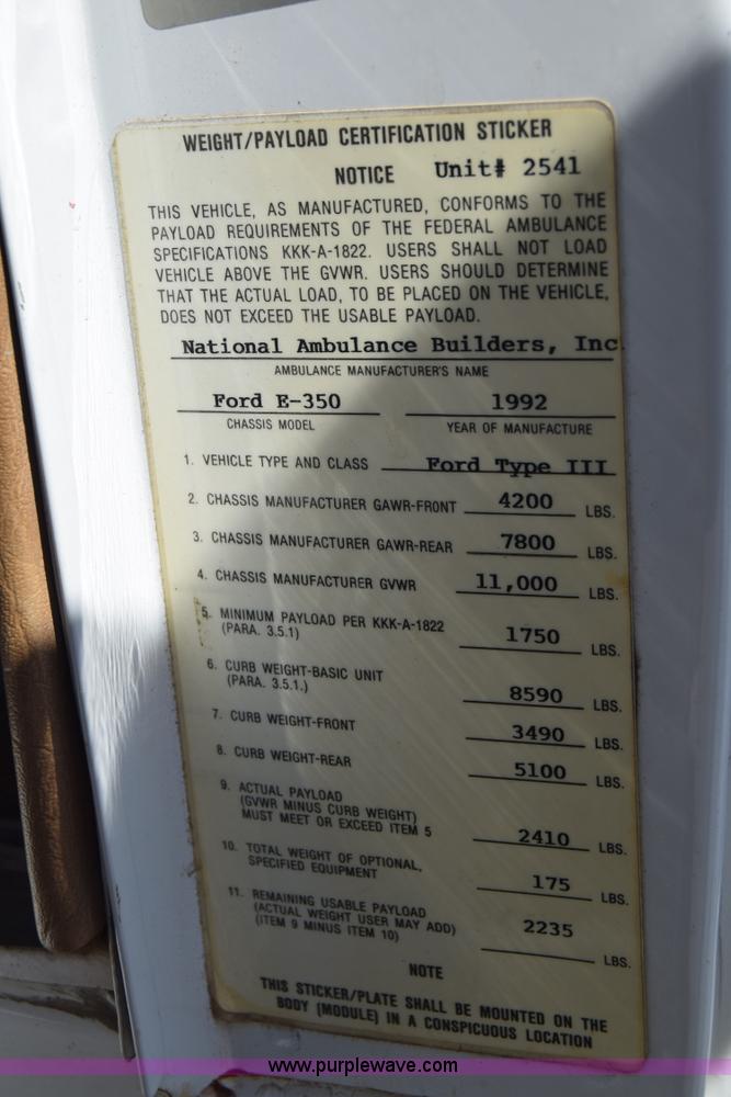 image for item J7920 1991 Ford Econoline E350 ambulance