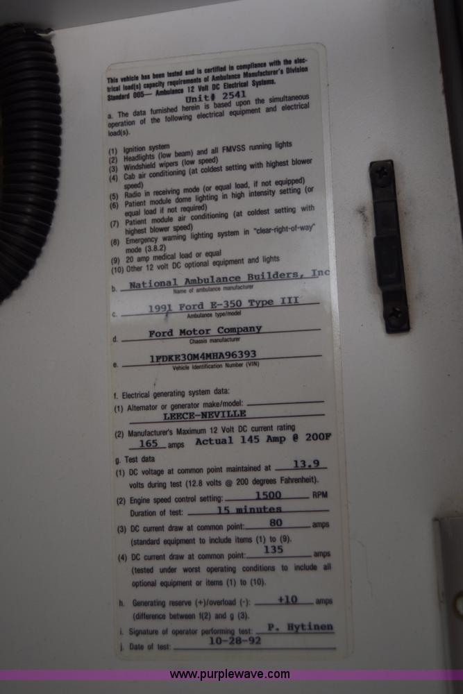 image for item J7920 1991 Ford Econoline E350 ambulance