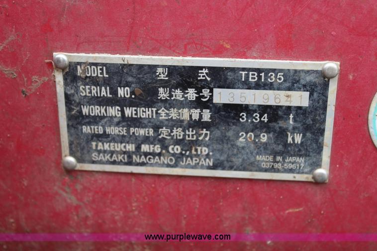 image for item J5934 2007 Takeuchi TB135 compact excavator