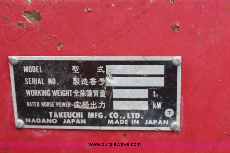 image for item J5935 2002 Takeuchi TB135 compact excavator