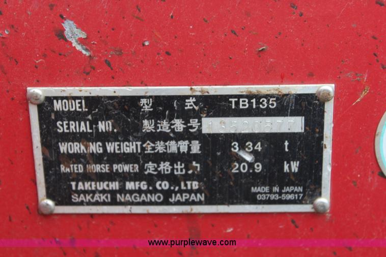 image for item J5937 2008 Takeuchi TB135 compact excavator